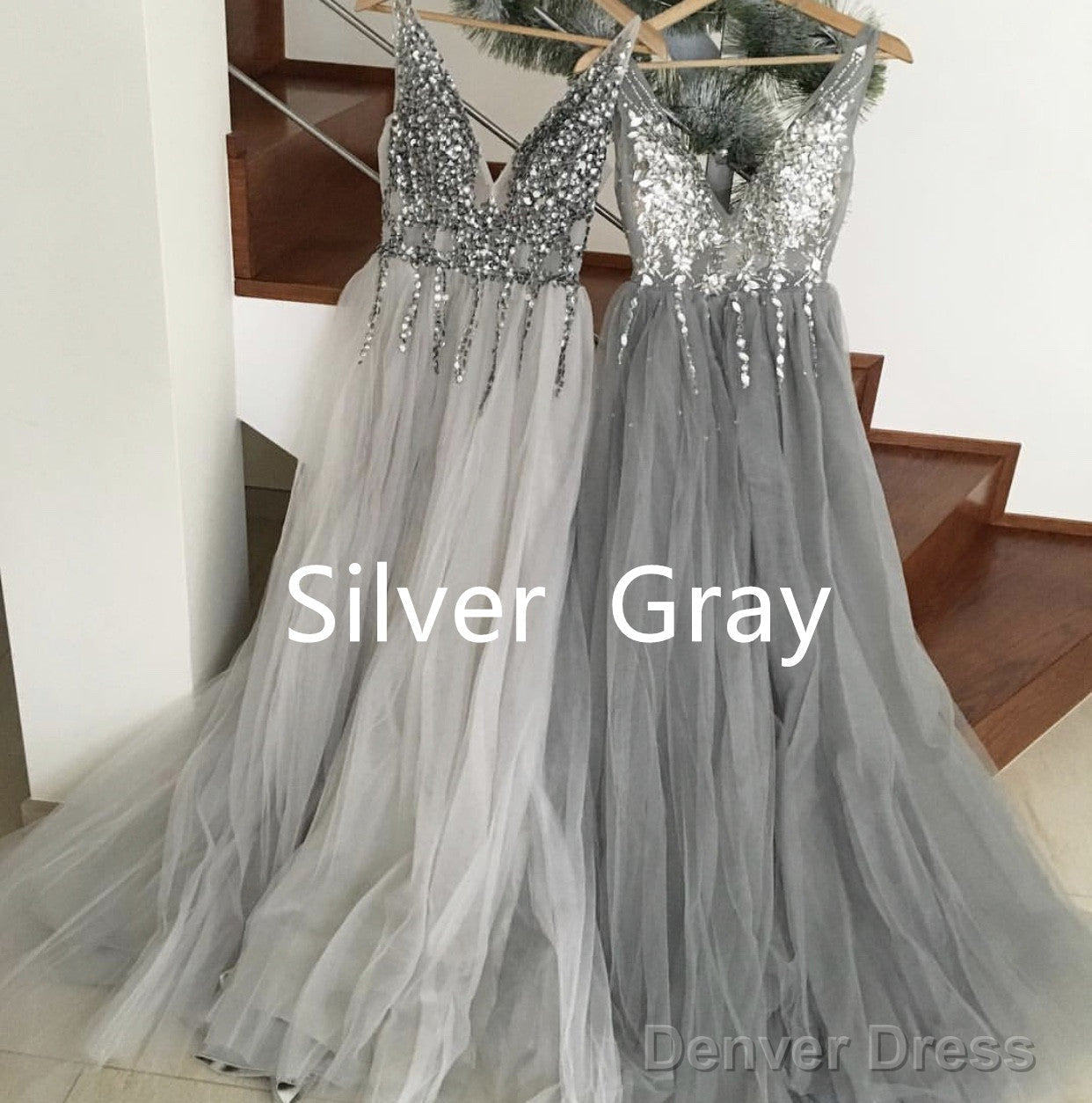 Sparkly Crystal Beaded V Neck Tulle Split Prom Dresses