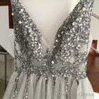 Sparkly Crystal Beaded V Neck Tulle Split Prom Dresses
