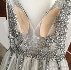 Sparkly Crystal Beaded V Neck Tulle Split Prom Dresses