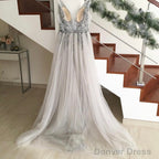 Sparkly Crystal Beaded V Neck Tulle Split Prom Dresses