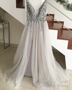 Sparkly Crystal Beaded V Neck Tulle Split Prom Dresses