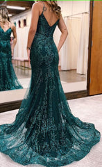 sparkly dark green mermaid sequin long prom dress