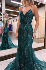 sparkly dark green mermaid sequin long prom dress