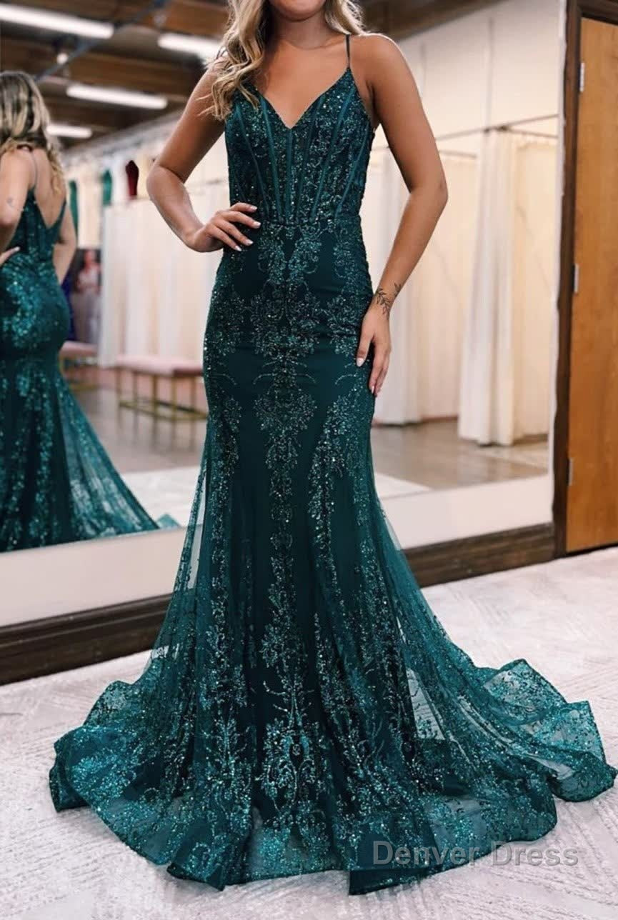 Sparkly Dark Green Mermaid Sequin Long Prom Dresses Main image