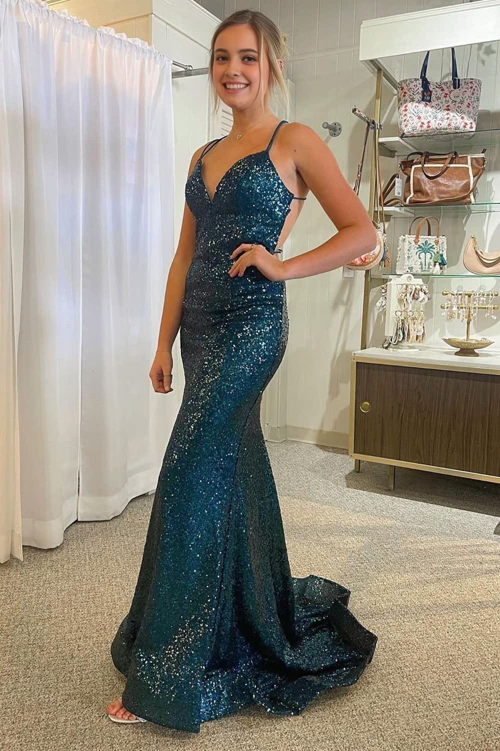 sparkly dark green mermaid sequins long prom dress with lace up back