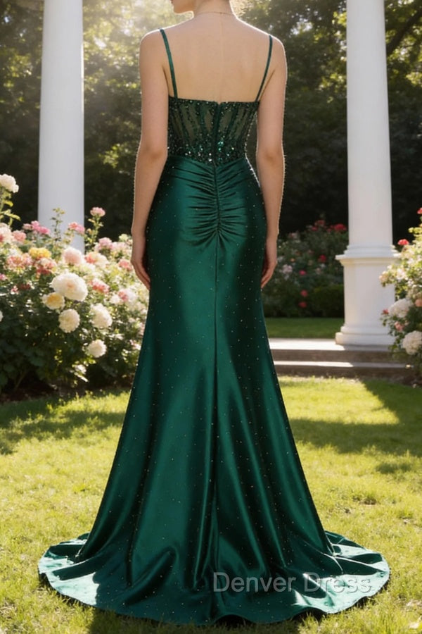 Sparkly Dark Green Mermaid Spaghetti Straps Corset Beaded Prom Dresses with Slit
