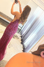 Sparkly Dark Purple Sequins Long Prom Dresses with Slit