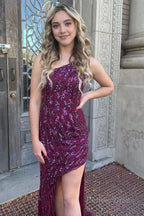 Sparkly Dark Purple Sequins Long Prom Dresses with Slit
