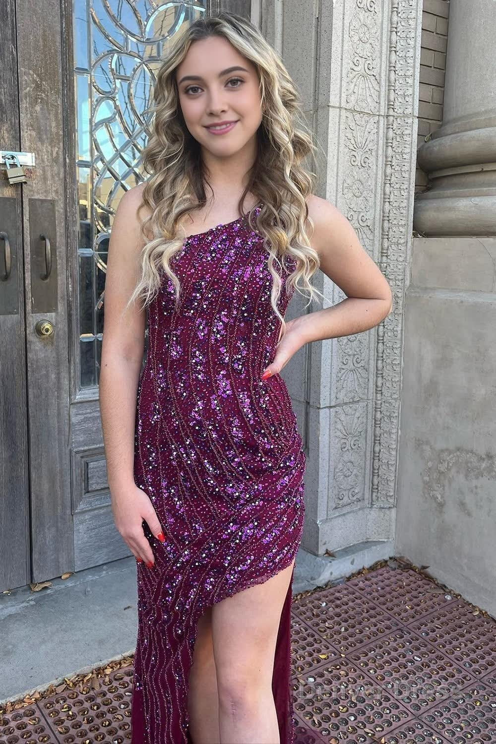 Sparkly Dark Purple Sequins Long Prom Dresses with Slit