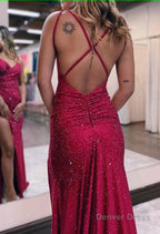 Sparkly Dark Red One Shoulder Sheath Long Prom Dress with Slit Prom Dresses
