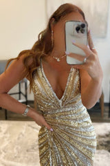 sparkly golden v neck sequins long prom dress