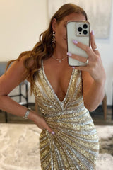 sparkly golden v neck sequins long prom dress