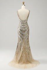 sparkly golden v neck sequins long prom dress