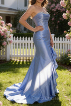 Sparkly Grey Blue Mermaid Strapless Ruffle Corset Satin Long Prom Dress with Slit