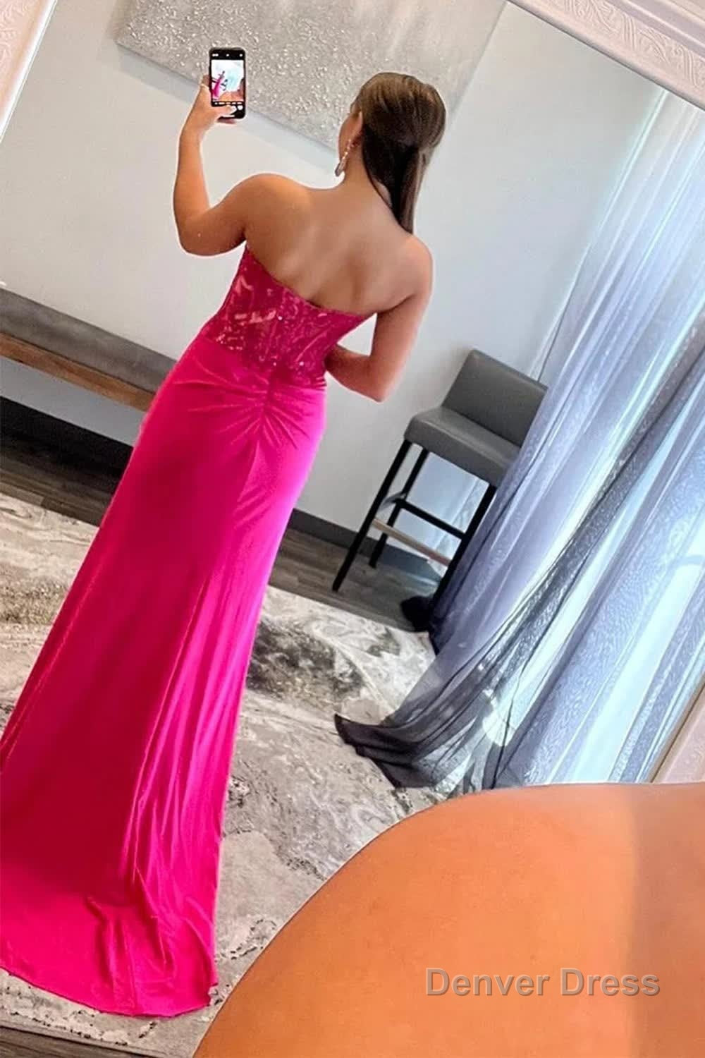 Sparkly Hot Pink Corset Long Prom Dresses with Slit
