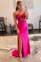 Sparkly Hot Pink Corset Long Prom Dresses with Slit