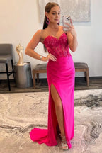 Sparkly Hot Pink Corset Long Prom Dresses with Slit