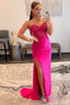 Sparkly Hot Pink Corset Long Prom Dresses with Slit