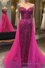 Sparkly Hot Pink Detachable Train Sequins Long Prom Dresses