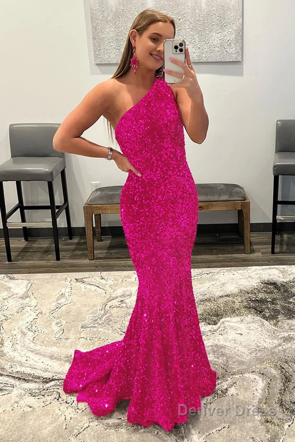 Sparkly Hot Pink Mermaid Sequins Long Prom Dresses