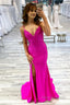 Sparkly Hot Pink Mermaid Sequins Long Prom Dresses with Slit