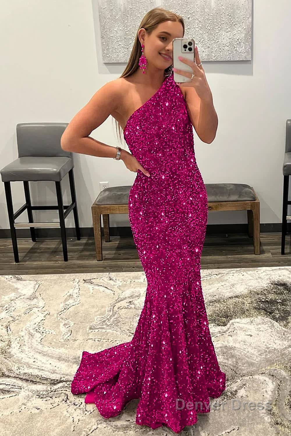 Sparkly Hot Pink Mermaid Sequins Long Prom Dress Main image