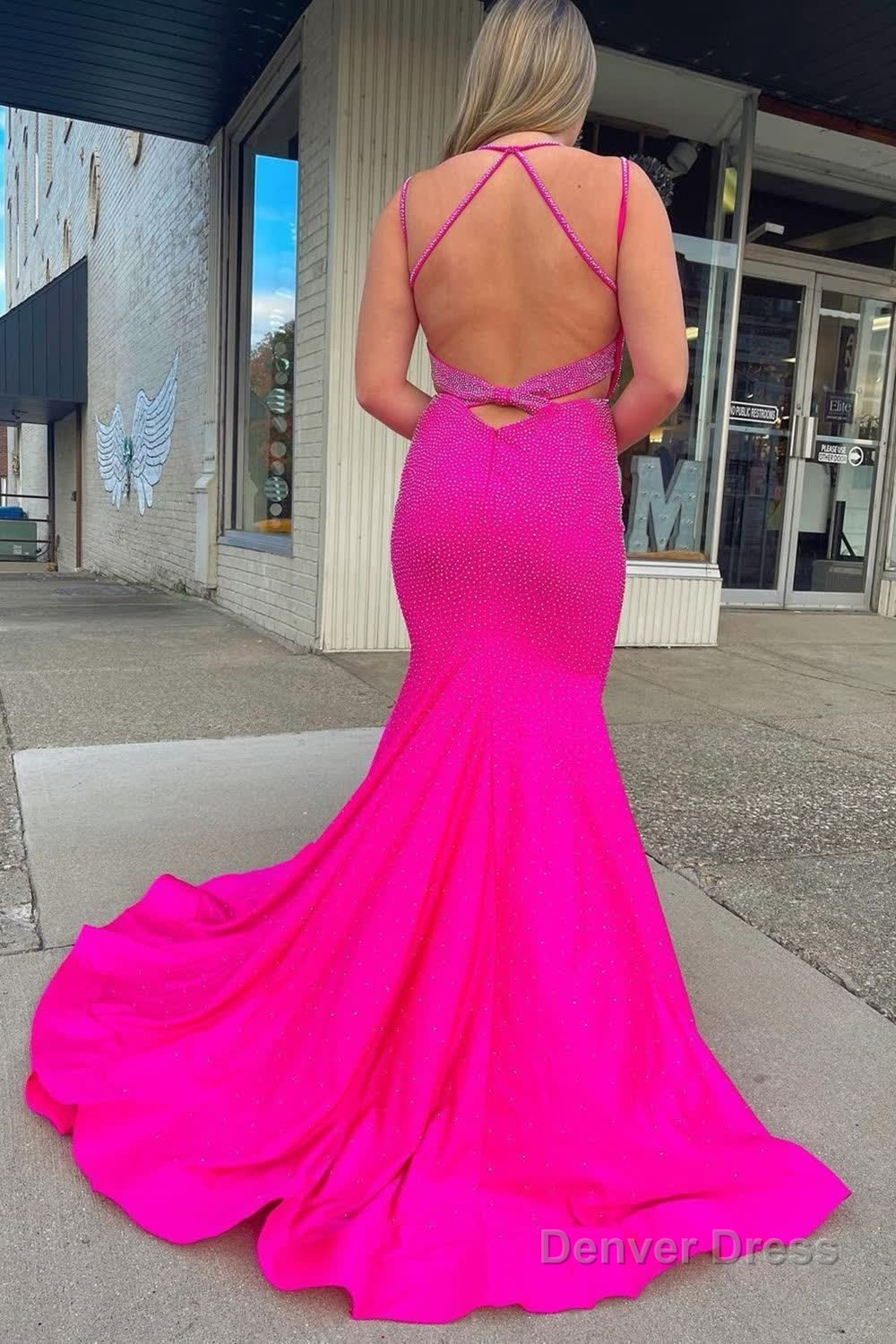 Sparkly Hot Pink Mermaid Sequins Open Back Long Prom Dresses Secondary image
