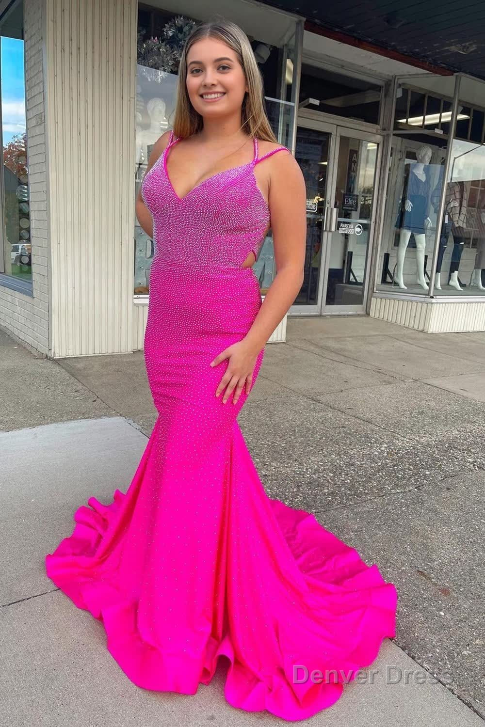 Sparkly Hot Pink Mermaid Sequins Open Back Long Prom Dress Main image