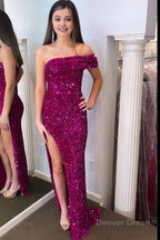 Sparkly Hot Pink One Shoulder Sequins Long Prom Dresses