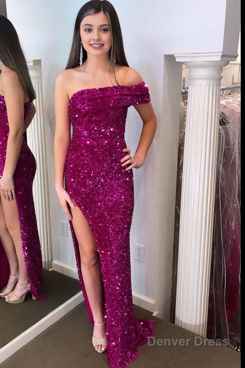 Sparkly Hot Pink One Shoulder Sequins Long Prom Dresses