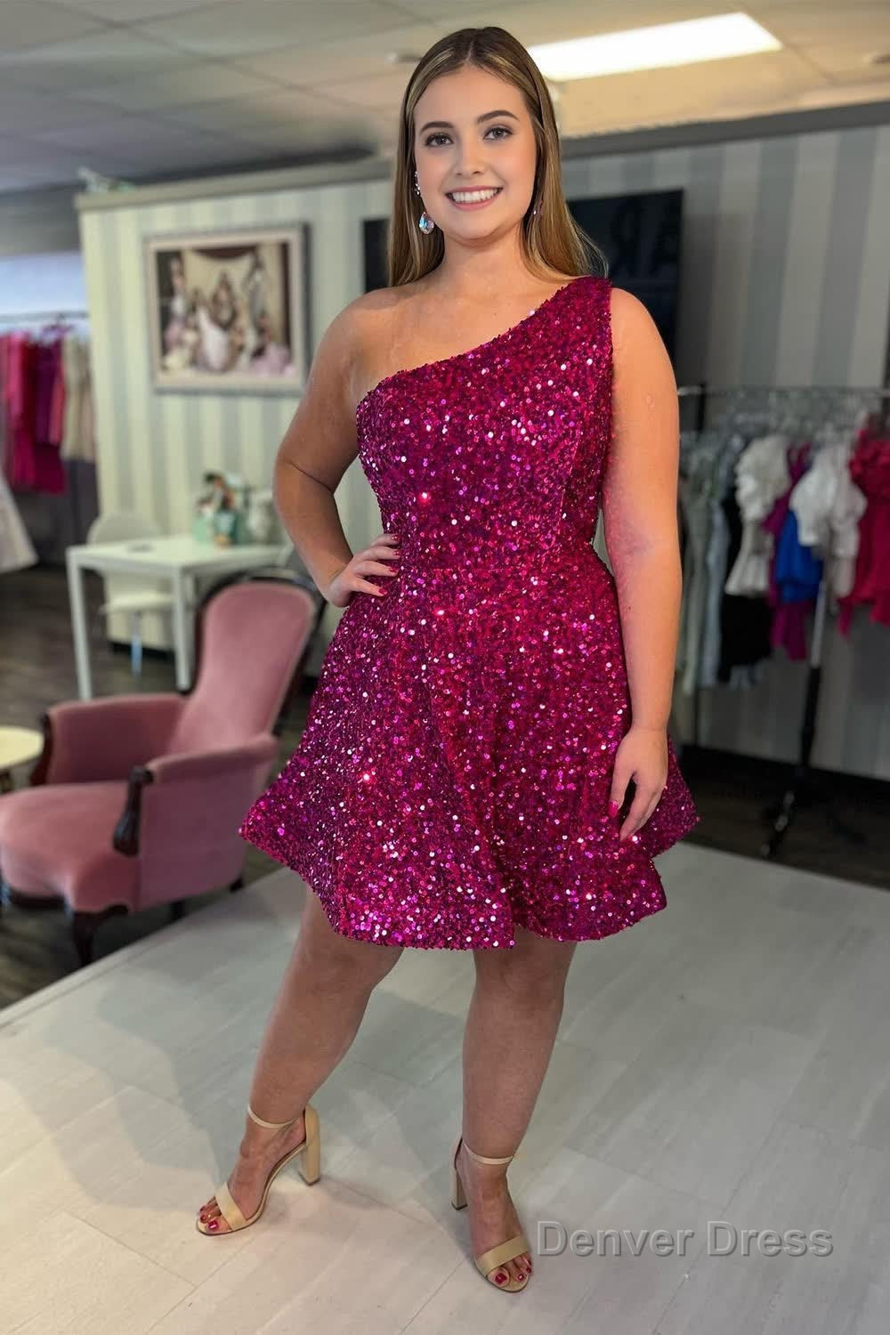 Sparkly Hot Pink One Shoulder Sequins Short Homecoming Dresses Main image