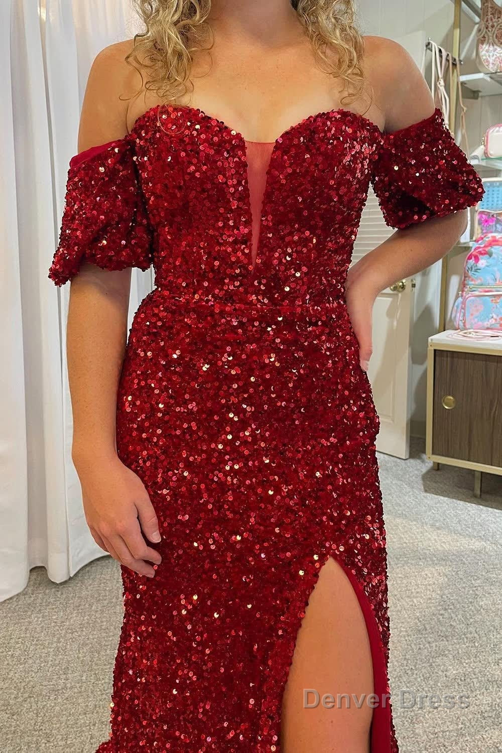 Sparkly Hot Pink Sequins Mermaid Long Prom Dresses with Slit