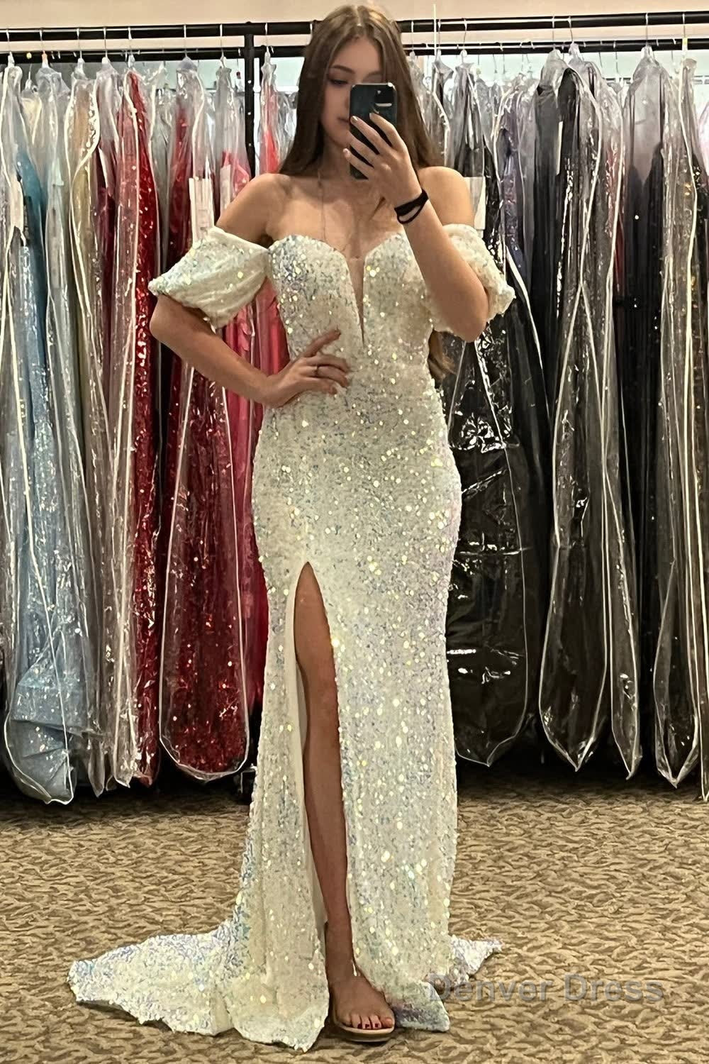 Sparkly Hot Pink Sequins Mermaid Long Prom Dresses with Slit