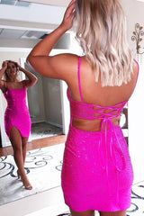 sparkly lace up back sequins fuchsia tight short homecoming dress