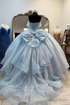 Light Blue Prom Dress Off the Shoulder Tulle Long Corset Prom Dresses with Bow