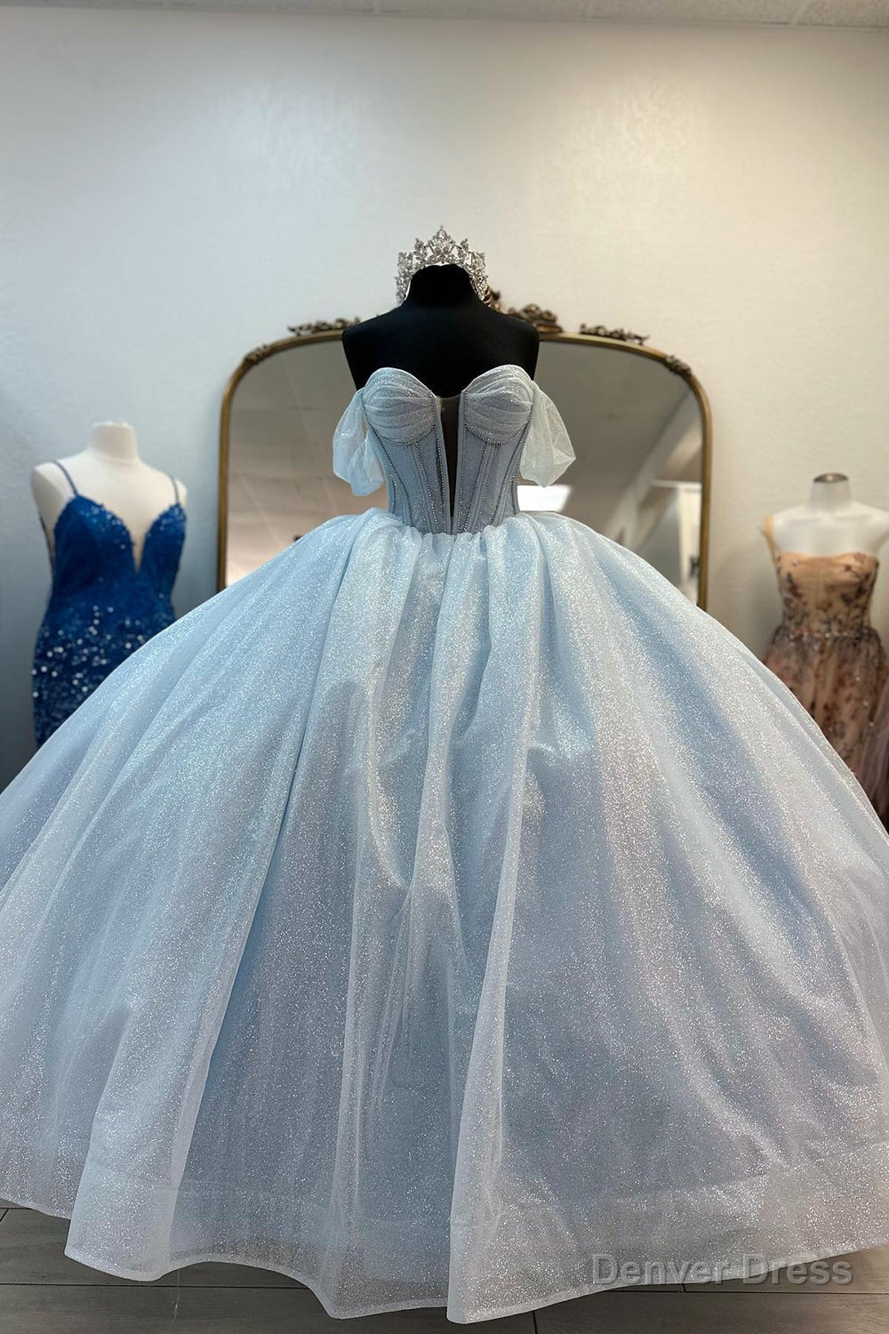 Light Blue Prom Dress Off the Shoulder Tulle Long Corset Prom Dresses with Bow