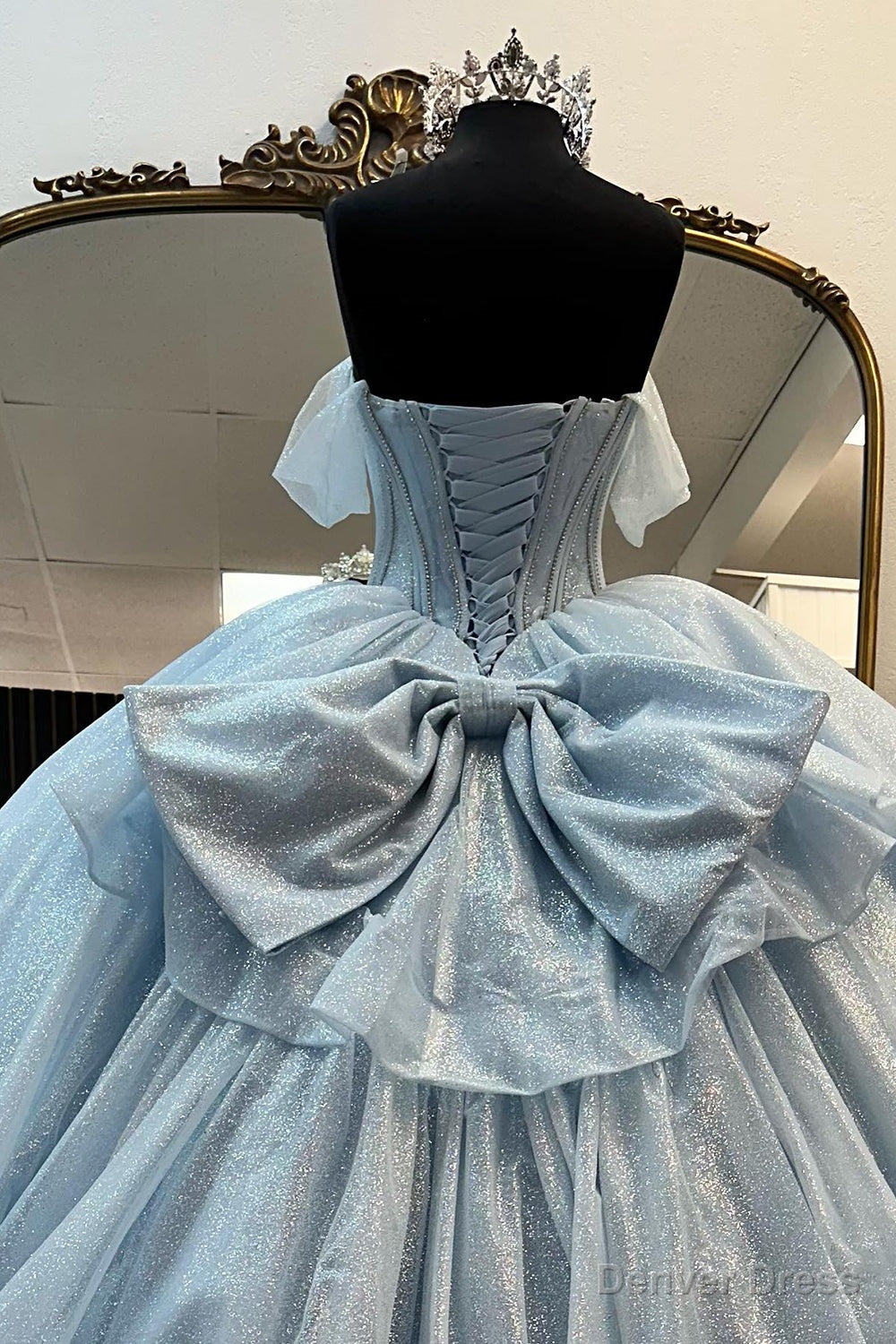 Light Blue Prom Dress Off the Shoulder Tulle Long Corset Prom Dresses with Bow