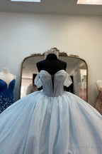 Light Blue Prom Dress Off the Shoulder Tulle Long Corset Prom Dresses with Bow