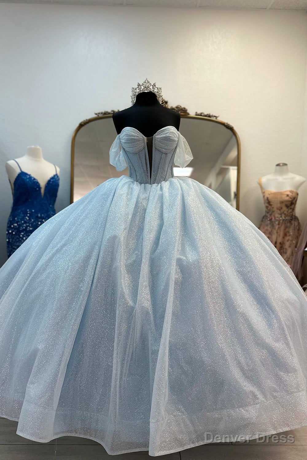 Light Blue Prom Dress Off the Shoulder Tulle Long Corset Prom Dresses with Bow