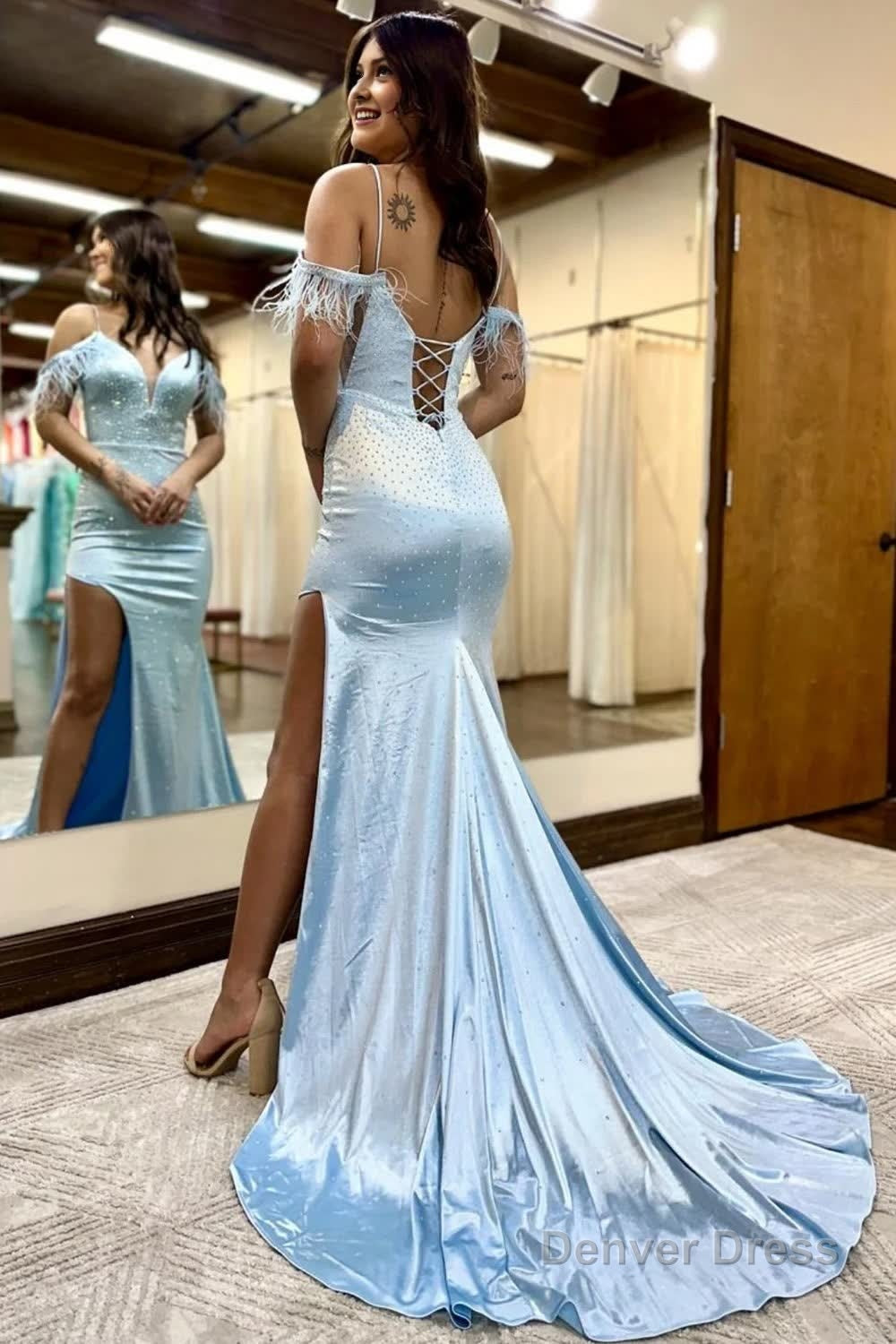 Sparkly Light Blue Sequins Mermaid Long Prom Dresses with Feathers Secondary image