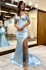 sparkly light blue sequins mermaid long prom dress with feathers