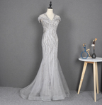 Sparkly Light Grey Mermaid V-Neck Beaded Tulle Train Prom Dresses Evening Dresses