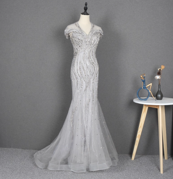 Sparkly Light Grey Mermaid V-Neck Beaded Tulle Train Prom Dresses Evening Dresses