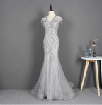 Sparkly Light Grey Mermaid V-Neck Beaded Tulle Train Prom Dresses Evening Dresses