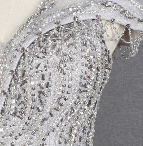 Sparkly Light Grey Mermaid V-Neck Beaded Tulle Train Prom Dresses Evening Dresses