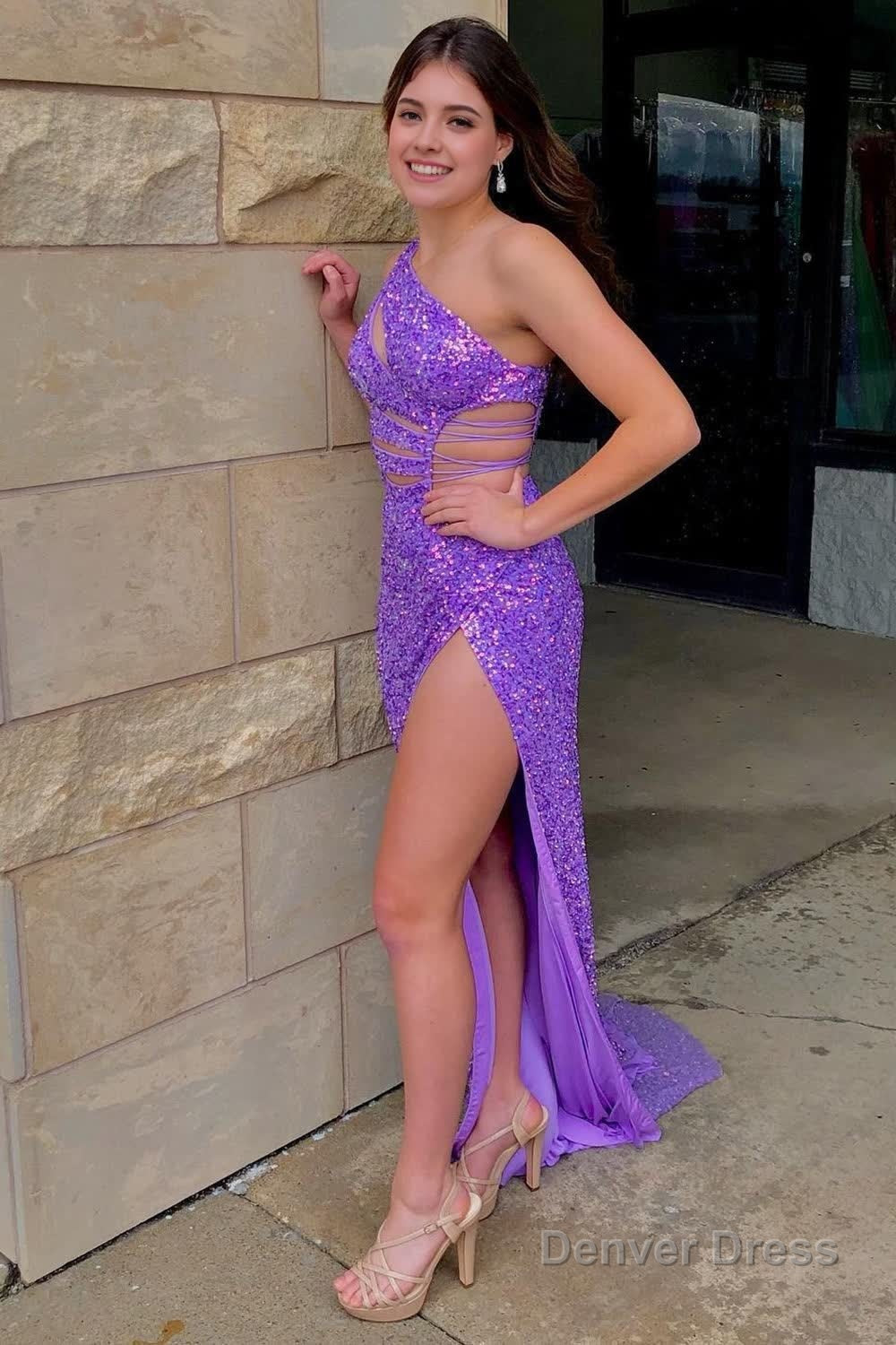 Sparkly Lilac Sequins Cut Out Long Prom Dresses