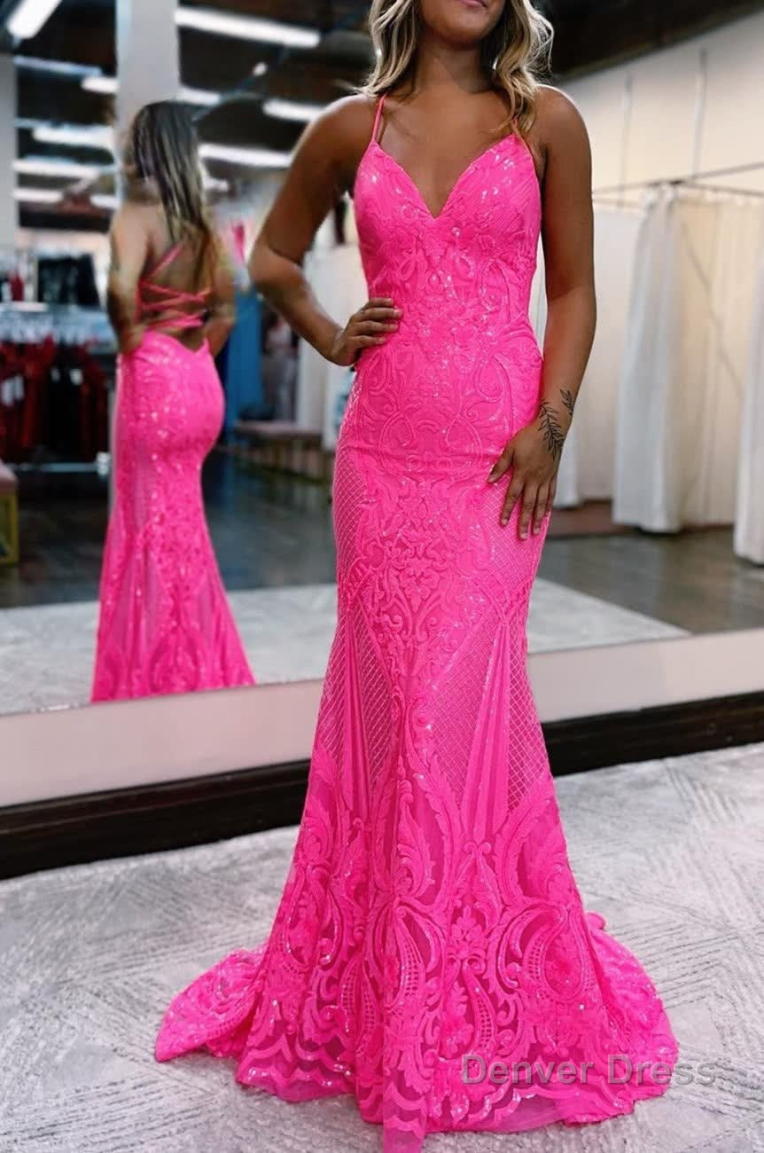 Sparkly Mermaid Backless Hot Pink Sequins Long Prom Dresses