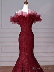 Sparkly Mermaid Burgundy Sequin Long Prom Dress Party Dresses