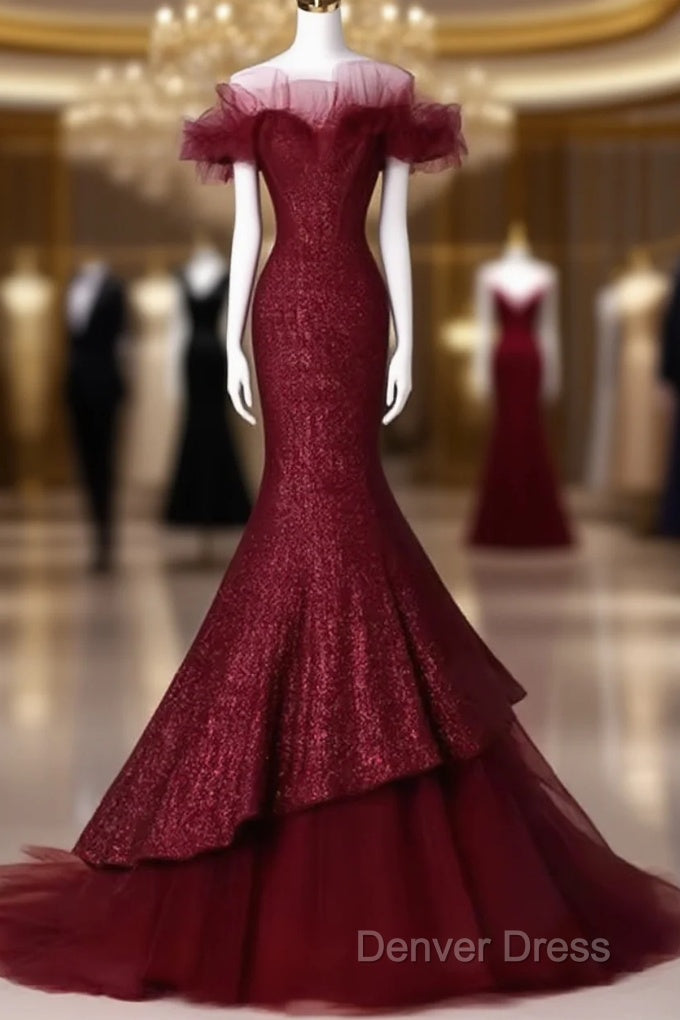 Sparkly Mermaid Burgundy Sequin Long Prom Dresses Party Dresses Main image