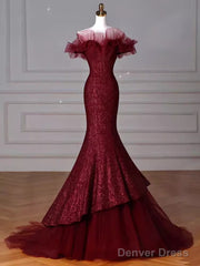 Sparkly Mermaid Burgundy Sequin Long Prom Dress Party Dresses